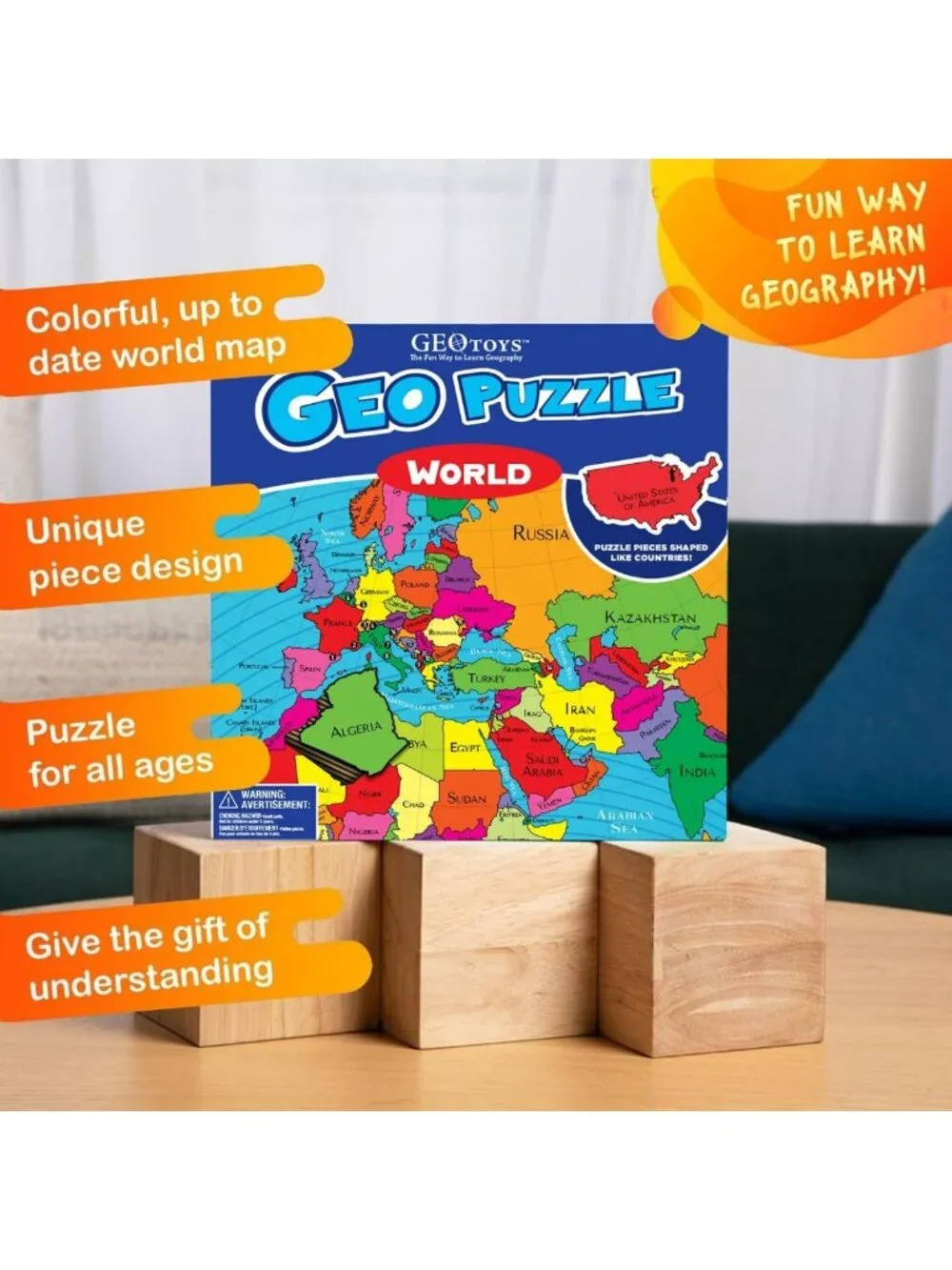World Map Jigsaw Puzzle - 68 Pc Geography Game for Kids, Fun Educational Toy
